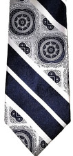 70s Vintage Necktie 4.25" Wide Polyester Geometric Blue Silver White Tie Stripe