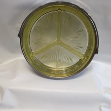 Vintage Yellow Vaseline Glass Divided Relish Dish with Metal Serving Holder 9"