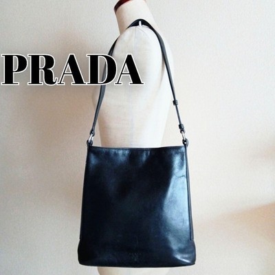 PRADA Vintage All-Leather Black Shoulder Bag Unisex 90s Archive Authentic