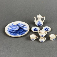 Vintage Miniature Porcelain Tea Set Blue White Windmill Gold Trim 8pc