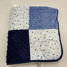 Just Born Blue Stars Patchwork Baby Blanket White Minky Satin Dot Security Lovey