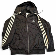 Vintage Adidas Windbreaker Jacket Mens L Black/White Hooded 3 Stripes 90s