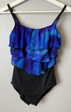 Robby Len Swim Fashion One Piece Swimsuit Size 10 Ruffle Top Black Blue