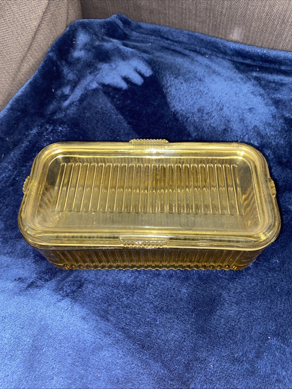 Federal Amber Glass Ribbed Refrigerator Dish W/ Matching Lid Vintage