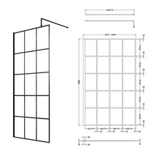 Matt Black Grid Walk In Wet Room Shower Enclosure Screen Flipper Glass Panel