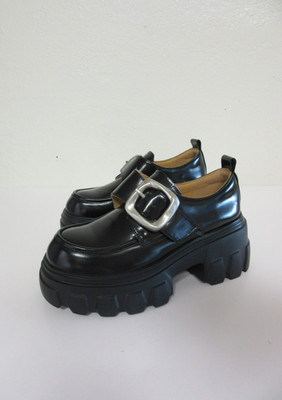 BEAU TODAY Black Platform 6 (230mm) Patent Leather Lugged Sole Grunge Shoes