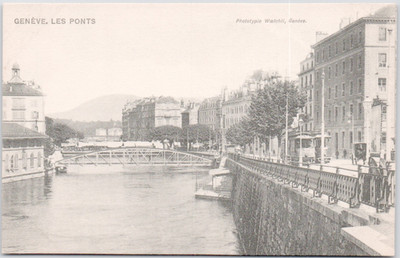 Switzerland Geneve 1910 Les Ponts Bridges River Quay Buildings Tram Postcard
