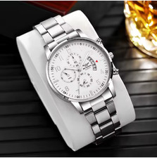 Herrenuhr Sliver White Chronograph Edelstahl Quarz Wasserdicht Datum