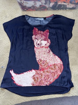 Cynthia Rowley Medium VTG Blue Pink Pretty Fox Chiffon Mixed Media HiLo Blouse