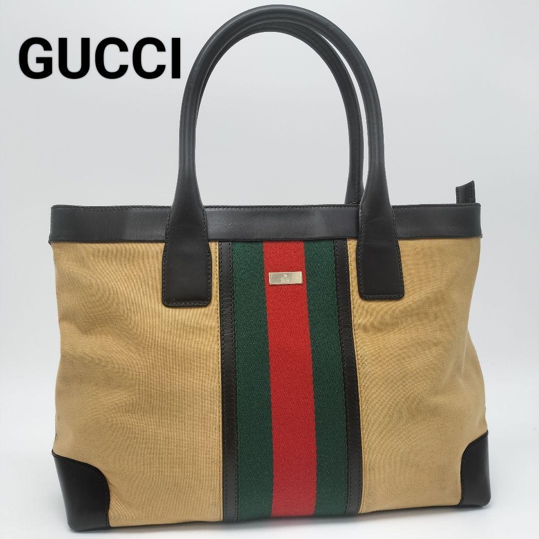 Gucci Tote Bag With Sherry Line Classic Gg Canvas Leather Trim Everyday Carryall