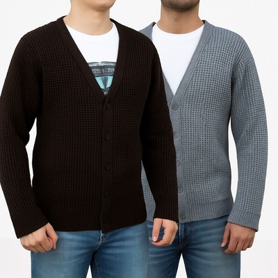 Herren Waffel Strick Cardigan Vintage Retro Knopfleiste Langarm Klassisch Uni