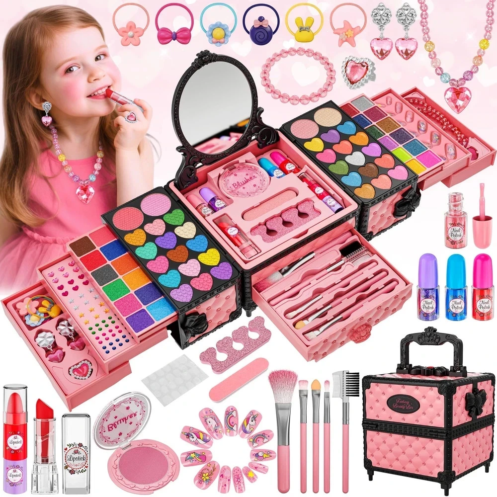 99 Pcs Kids Makeup Kit for Girls, Princess Toys Real Washable Cosmetics Set with