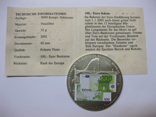 Medaille,  100 Euro-Banknote,  2001,  40 mm,  32 Gramm,  Neusilber