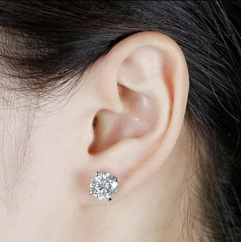 4.00Ct Round Cut Real Moissanite Women's Stud Earrings 14K White Gold Plated