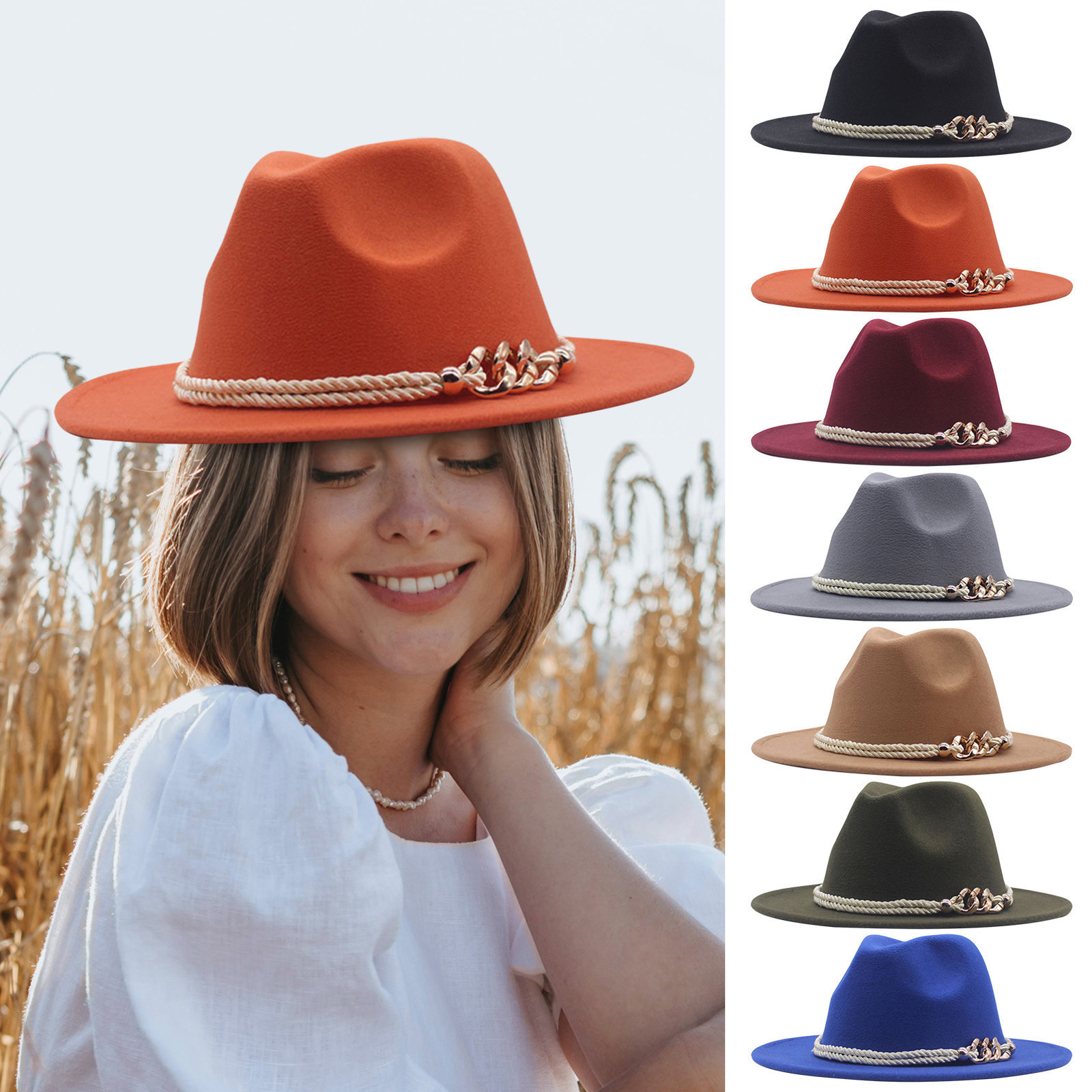 Fedora Hat for Women Men Vintage Wide Brim Rancher Fedora Hat-image