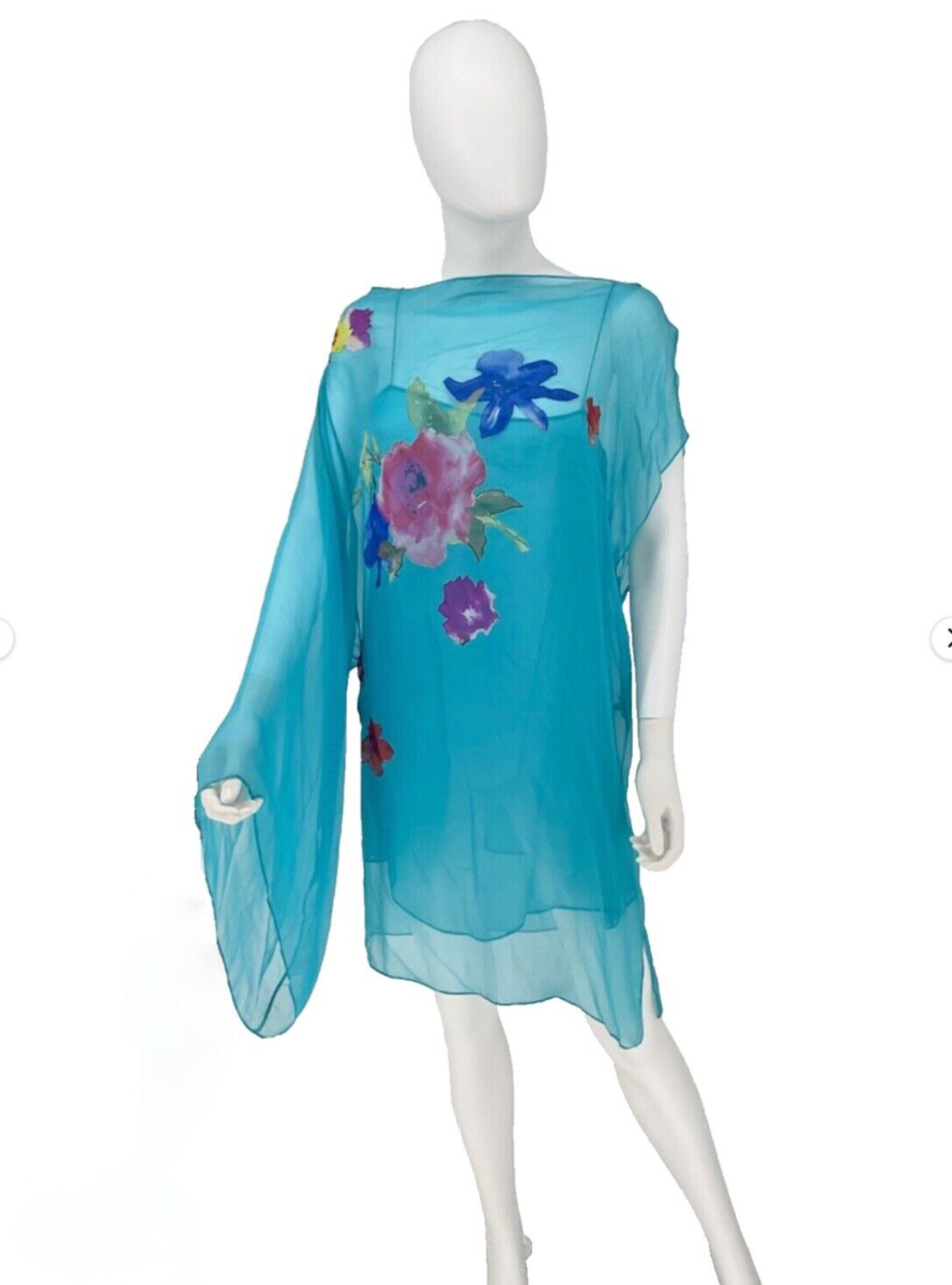 Dolce & Gabbana Vintage Aqua Transparent Silk 2-Piece Dress w/ Floral  Appliqu