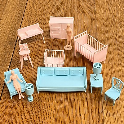 Vintage MPC Dollhouse Furniture Nursery Living Room Blue Pink Lot #A3