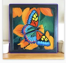 ORIGINAL BUTTERFLY PAINTING, Acrylic Painting Framed 10x10, Wall Artwork