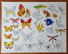 ORIGINAL Vintage 1980's Guideline Tattoo Flash Production Sheet Butterfly, Fish