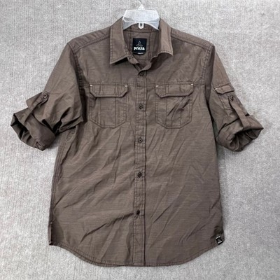 Prana Mens Medium Brown Short Roll Sleeve Button Down Shirt Top