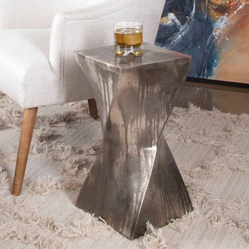 Modern Aluminum Hourglass Accent Table 10" Wide Tarnished Silver for Living Room - Picture 1 of 4