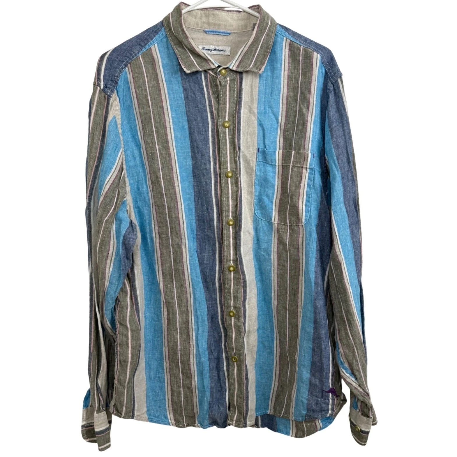 Tommy Bahama Linen Shirt Mens L Blue Striped Coastal Beach Button Up