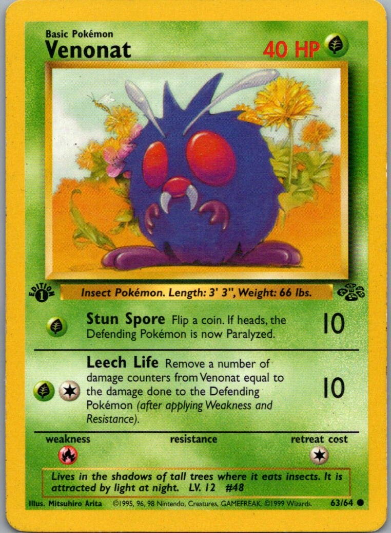 Venonat 63/64 Common Jungle Pokemon 1st Edition Moderately Played