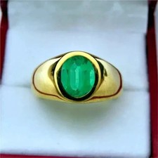 Men's Pinky Ring 14K Yellow Gold Plated Silver 3Ct Oval Cut Simulated Emerald