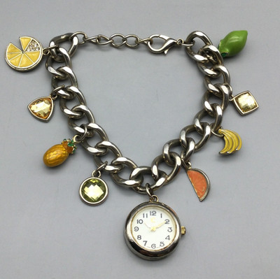 C Charm Bracelet Watch Women 23mm Silver Tone Fruit Crystals Band New Battery 9''
