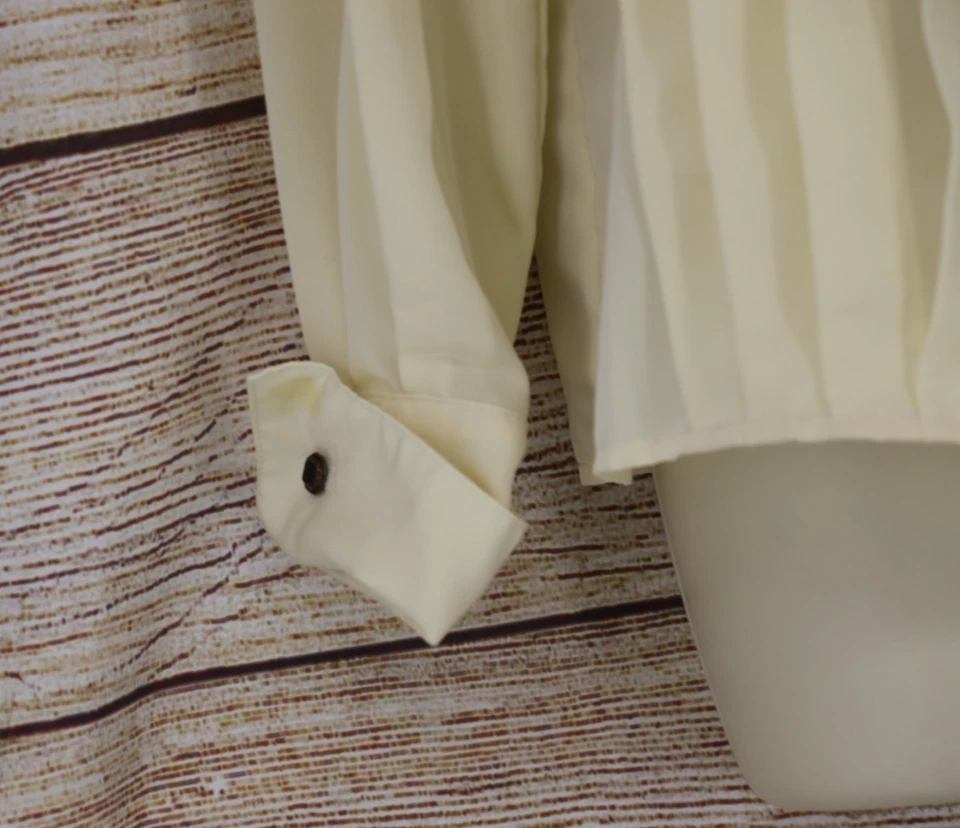 VINTAGE Womens Size 4 Button Up Satin Pleated Long Sleeve Blouse Ivory Cream - Image 3 of 4