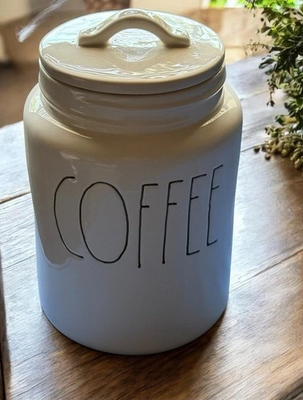 #ad #ad Magenta Rae Dunn Coffee Canister 8 in. M Stamped Farmhouse Decor White $75.00