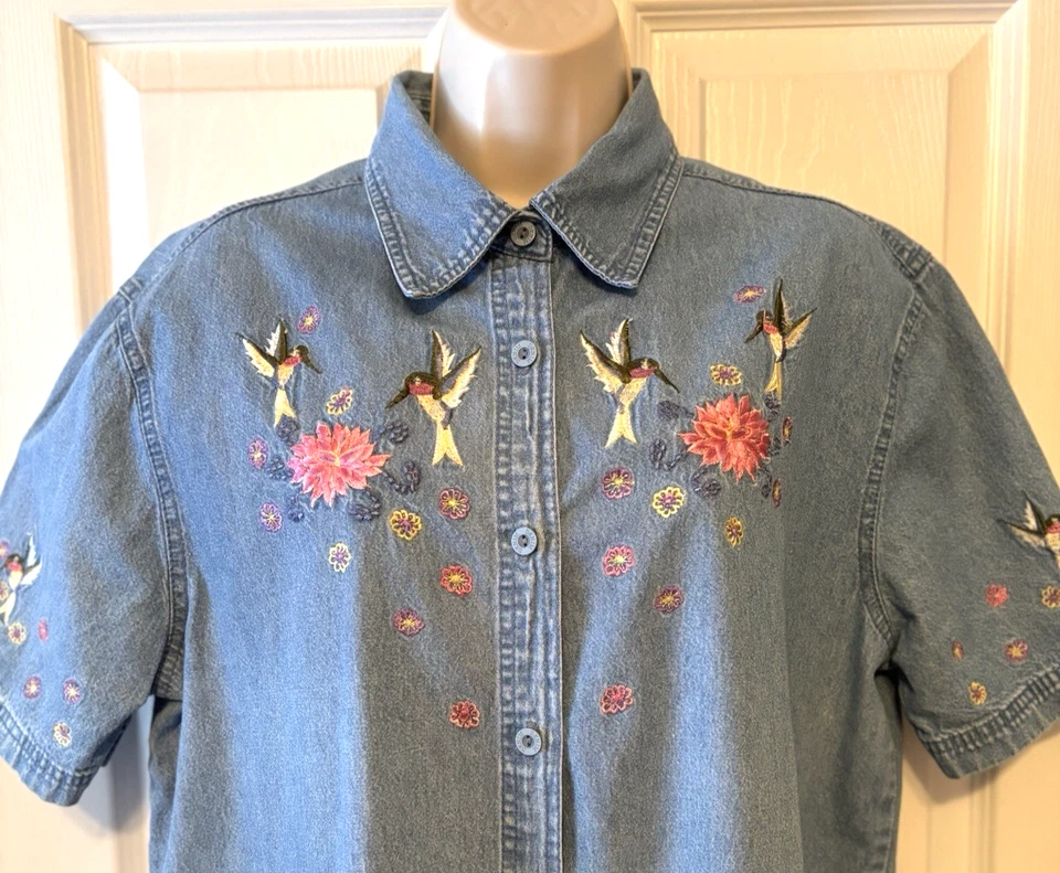 Passion-1 женщин джинсовой ткани блузка размер L цветочный коротким рукавом на пуговицах Топ - Изображение 2 из 4