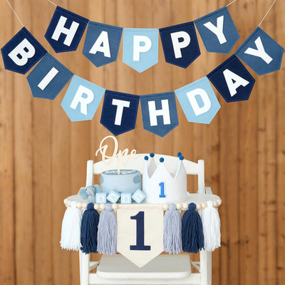 Felt Navy Blue Happy Birthday High Chair Banner Pre-Strung Birthday Hanging Deco