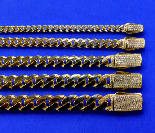 14K Yellow Gold Monaco Miami Cuban Link Chain Necklace CZ Pave 5mm-13mm 16"-30"