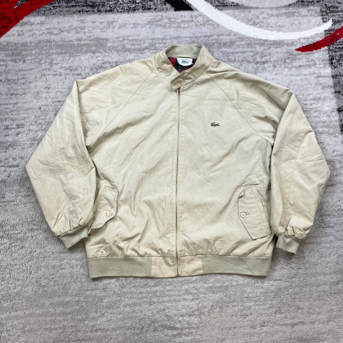 VTG Lacoste Bomber Jacket Large Beige Tan Crocodile Flannel Lined