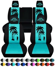 Front+Rear car seat covers blk-mint blue palmtree fits JK wrangler 07-18 4dr