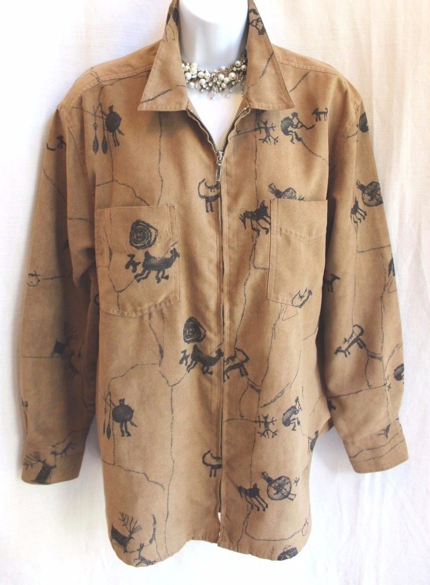 CHICOS Brown Faux Suede Zip Up Jacket Black Western Tribal Motif