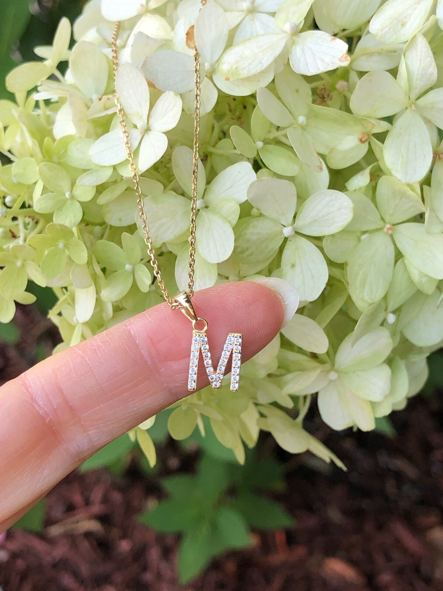 Sterling Silver 925 Cz Initial Letter M Pendant Necklace Gold