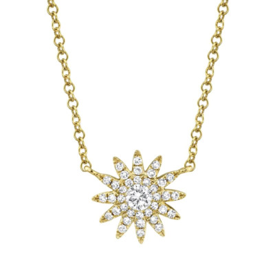 14K Gelbgold Diamant Starburst Halskette Anhänger natürlicher Rundschliff 0,15 ct