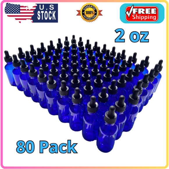 2oz Cobalt Blue Glass Dropper Bottles 60mL with Tapered Glass Droppers - 80 Pack