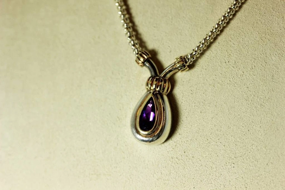 "Collar colgante Lorenzo de plata de ley y oro amarillo de 18 quilates amatista 17"" -6970-45" Foto 3 de 4