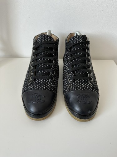 Chanel Tweed Leder Cap Toe CC Logo Schnür Stiefeletten Größe 36 - Bild 4 von 18