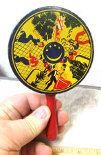 Vintage Metal noise maker toy, wood handle, Kirchhof NJ, Tin Lithograph toy