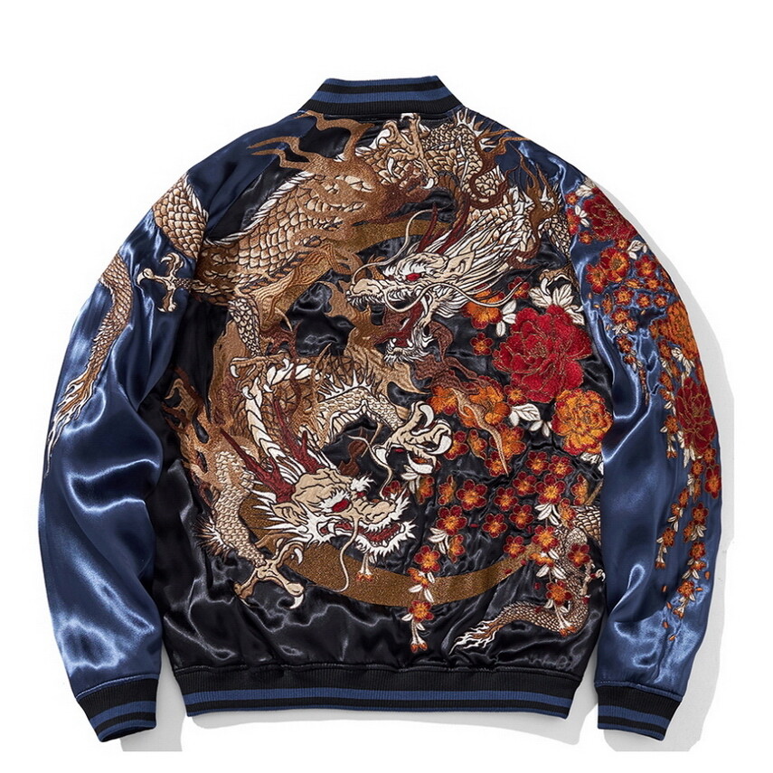 Men Japanese Pattern Embroidery Dragon Tattoo Sukajan Reversible