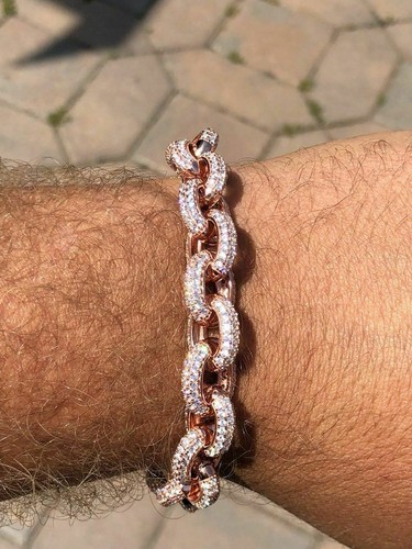 Icy Hip Hop Rolo Bracelet Rose Gold Plated Real Solid 925 Silver CZ 12mm - Picture 2 of 12