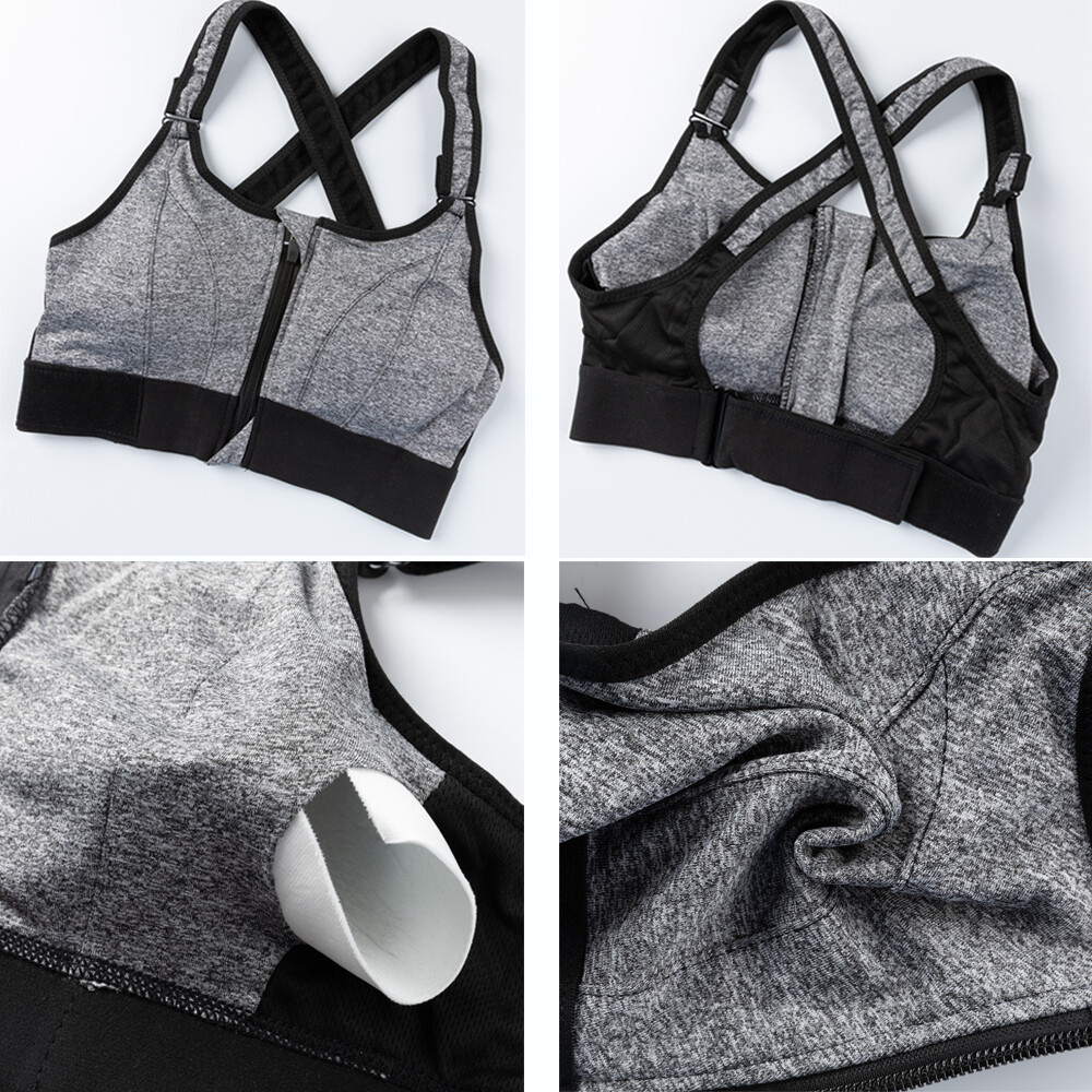 Womens High Impact Adjustable Sports Bra Zip Front Padded Back Support