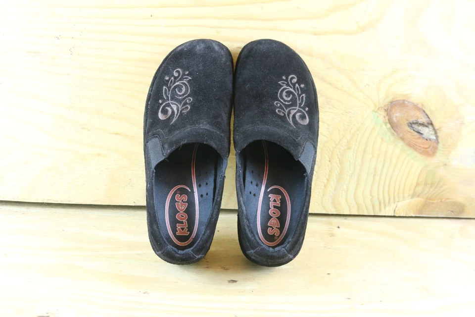 Klogs Naples Womens 6M Black Suede Gold Embroidered Clogs Mules Comfort Shoes - Image 4 of 4