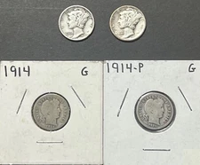 Lot of Four (4) Barber and Mercury Dimes 1914-P, 1936-S, 1941-D