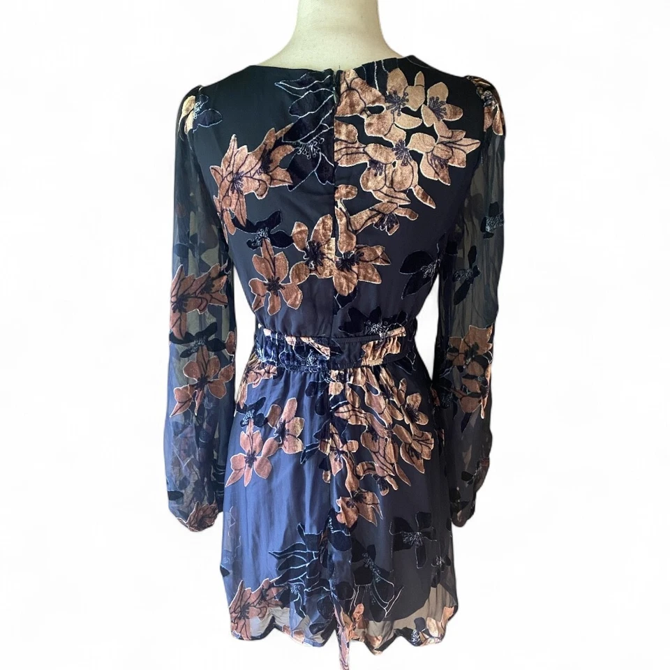 Lulu's Stunning Feeling Blue Velvet Floral Chiffon Burnout Mini Dress Fairy Boho - Image 3 of 4