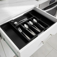 Bamboo Silverware Organizer Expandable Cutlery Tray Kitchen Drawer Divider Black